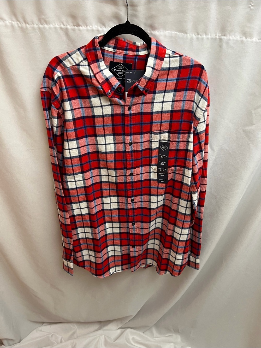 St. John’s Bay Men XL Tall Plaid Flannel Shirt Red Blue Button Front NWT